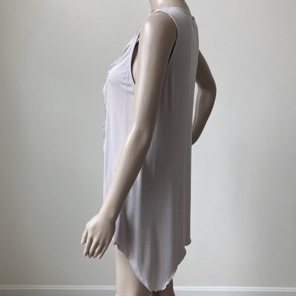 Kische Sleeveless Blouse Woman Sz M Jersey Top Sheer Ruffle High Low Mauve Gray - Picture 7 of 11